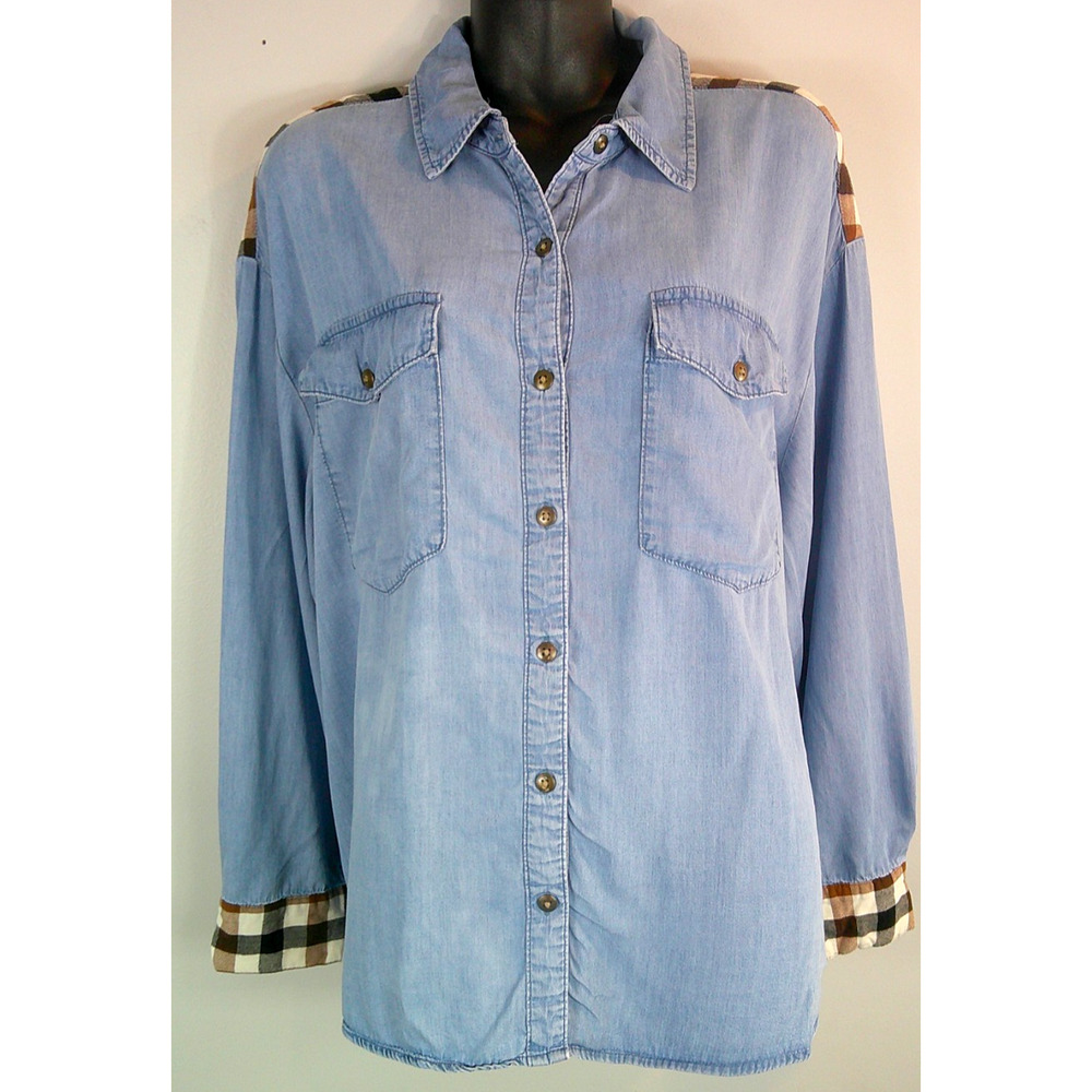 CATO Button down Jean Shirt with Black & Brown Plaid Women's 18/20W